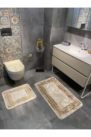 Versace Desenli 2'li Kaymaz Taban Banyo Paspas Takımı (60x100 - 60x50) Bej-altın BYD-CLORISAPASPAS - 6