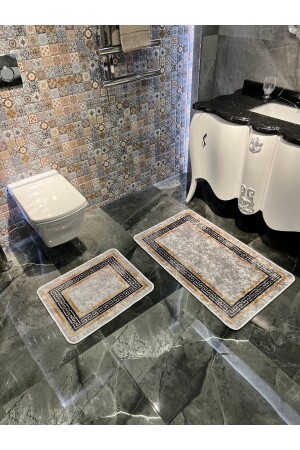 Versace Desenli 2'li Kaymaz Taban Banyo Paspas Takımı (60x100 - 60x50) Gri BYD-CLORISAPASPAS - 2