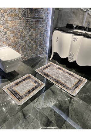 Versace Desenli 2'li Kaymaz Taban Banyo Paspas Takımı (60x100 - 60x50) Gri BYD-CLORISAPASPAS - 5