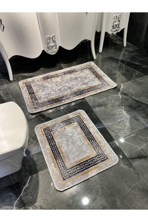 Versace Desenli 2'li Kaymaz Taban Banyo Paspas Takımı (60x100 - 60x50) Gri BYD-CLORISAPASPAS - 6