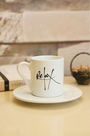 Weiße türkische Kaffeetasse mit Aufdruck „Relax Letter“ he-f-0056 - 2