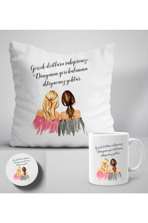 Wenn Sie echte Freunde haben.Set aus bedrucktem Geschenkkissen, Tasse und Untersetzer mit Schriftzug „Frau“ Y111 - 2