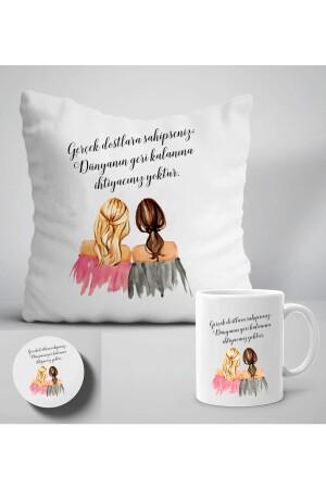 Wenn Sie echte Freunde haben.Set aus bedrucktem Geschenkkissen, Tasse und Untersetzer mit Schriftzug „Frau“ Y111 - 4