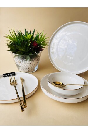 White Modern 48 Parça 12 Kişilik Porselen Yemek Takımı-gold TR3138 - 5