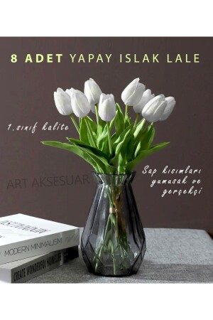 Yapay 8 Li Islak Lale Buketi Gerçeksi Doku Beyaz - Yapay Lale 32 Cm 8 Adet - 4