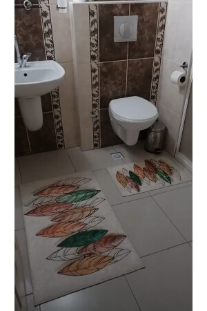 Yaprak Desenli Banyo Paspası Klozet Takımı 2'li Kaymaz Tabanlı Set - 7