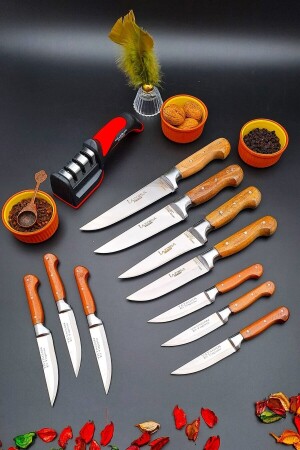 Yatağan Handgefertigtes Küchenmesser, 11-teiliges Mitgift-Set, Fleisch, Brot, Obst, Diamantspitze, Schärfwerkzeug 12asd1 - 4