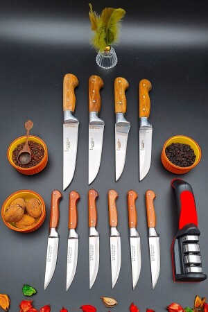 Yatağan Handgefertigtes Küchenmesser, 11-teiliges Mitgift-Set, Fleisch, Brot, Obst, Diamantspitze, Schärfwerkzeug 12asd1 - 6