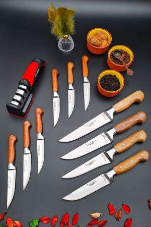 Yatağan Handgefertigtes Küchenmesser, 11-teiliges Mitgift-Set, Fleisch, Brot, Obst, Diamantspitze, Schärfwerkzeug 12asd1 - 2