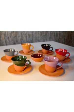 Yörem Pottery Clay 6-teiliges Kaffeetassen-Set mit türkischem Köstlichkeitshalter, Geschenk 116T-TT1 - 1