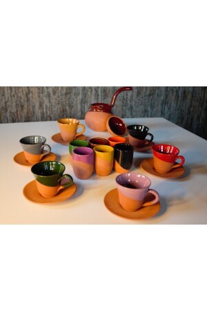 Yörem Pottery Steingut-Set mit 6 Kaffeetassen, Kaffeekanne, Halter für türkische Köstlichkeiten, Kaffee- und Wasserglas-Set 258T-TT1 - 4