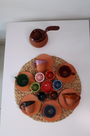 Yörem Pottery Steingut-Set mit 6 Kaffeetassen, Kaffeekanne, Halter für türkische Köstlichkeiten, Kaffee- und Wasserglas-Set 258T-TT1 - 5