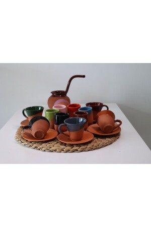 Yörem Pottery Steingut-Set mit 6 Kaffeetassen, Kaffeekanne, Halter für türkische Köstlichkeiten, Kaffee- und Wasserglas-Set 258T-TT1 - 6