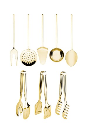 Yüksek Kalite Gold 8 Parça Servis Sunum; Makarna, Pasta, Salata Altın Maşa Seti Ve Kepçe Takımı 23cm SS5645498 - 2