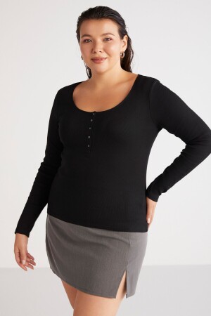 Zazanabb Damen-Bluse im gerippten Look, figurbetont, mit tiefem Rundkragen, geknöpft, schwarz, Plus-Size-Bluse - 1