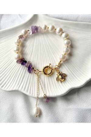 Zertifiziertes Damenarmband aus echten Perlen und Amethyst-Naturstein mit Zirkon-Design und Bienenfigur - 1