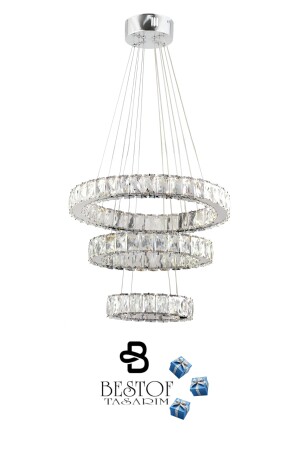 Zilla 3-teilige moderne Pendelleuchte mit Kristallstein-LED-Kronleuchter – 3-Farben-gesteuert – (Weiß – Gelb – Tageslicht) SAPPHIRE 3-Plus SILVER - 6