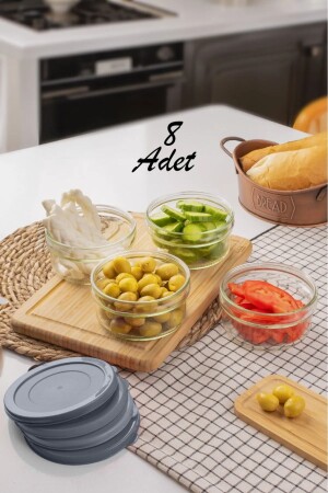 Zuri 8er-Pack Frühstück, Marmelade, Snacks, GRAUer Glasschüssel-Aufbewahrungsbehälter mit Deckel 400 cc - 3